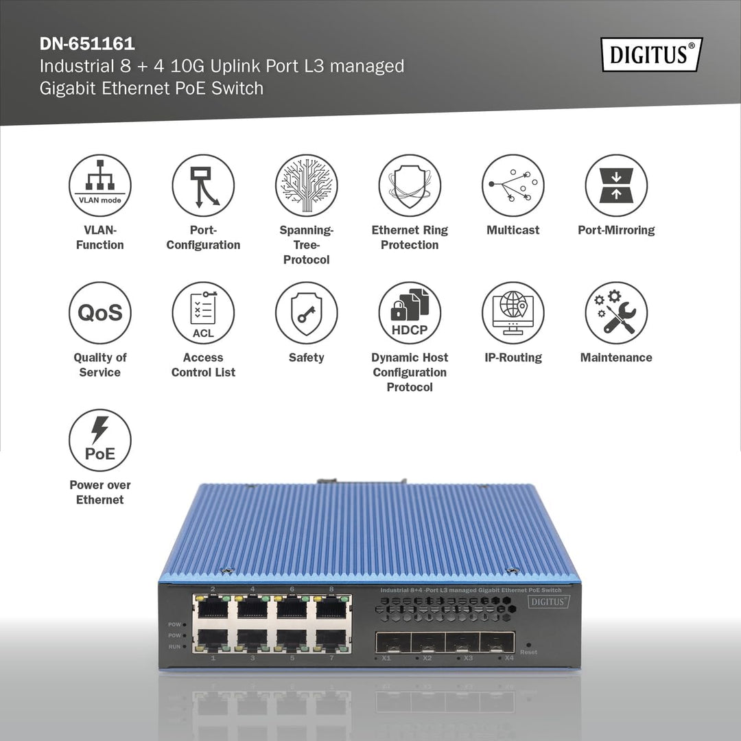 DIGITUS Industrial 8 + 4 10G Uplink Port L3 managed Gigabit Ethernet PoE Switch 8-Port + 4x Uplink S