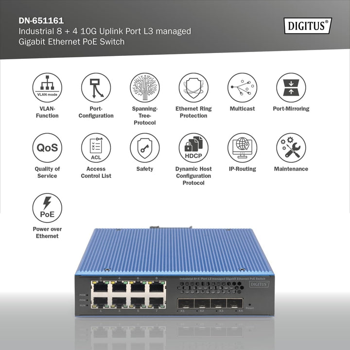 DIGITUS Industrial 8 + 4 10G Uplink Port L3 managed Gigabit Ethernet PoE Switch 8-Port + 4x Uplink S