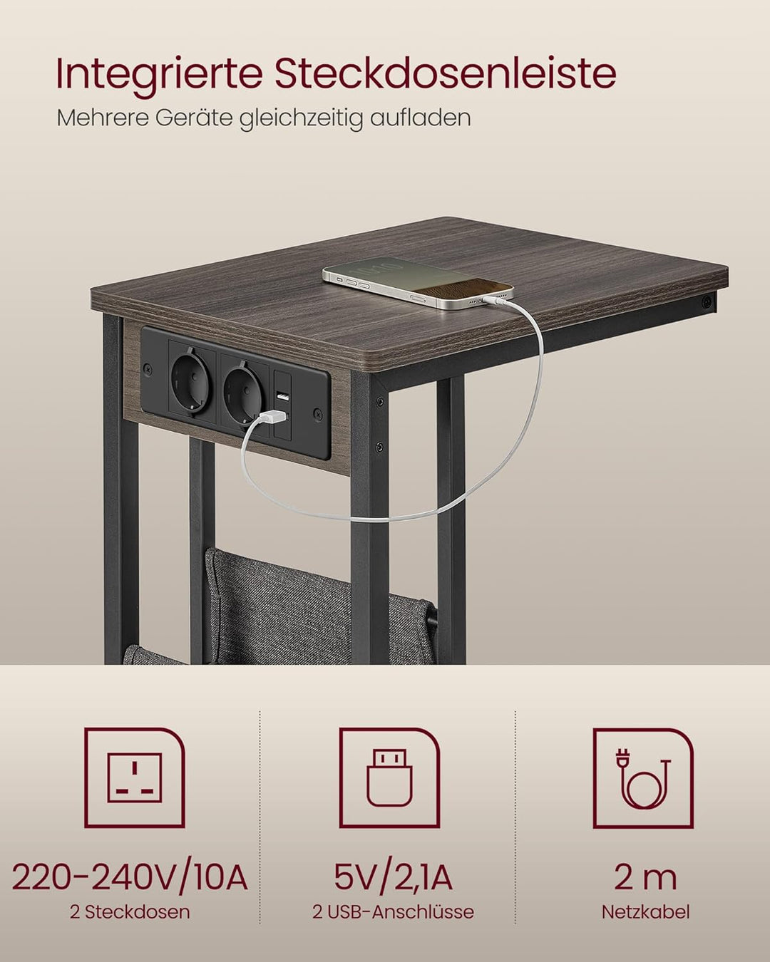 VASAGLE Beistelltisch, Sofatisch mit Ladestation, C Form, Couchtisch klein, Stofftasche, verstellbar