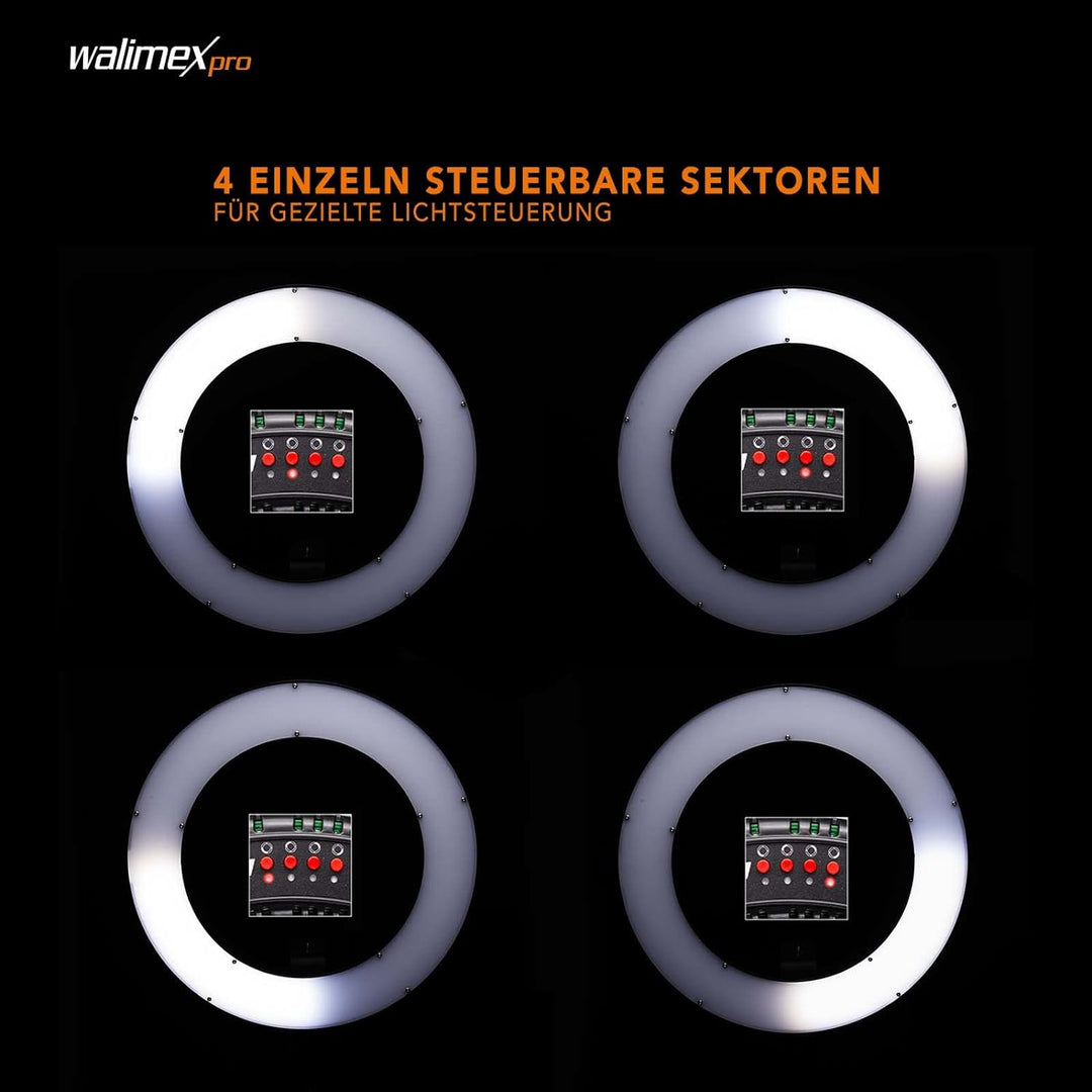 Walimex pro dimmbares LED Ringlicht 32W mit Lampenstativ & 2 Akkus I Ringleuchte mit einzeln schaltb