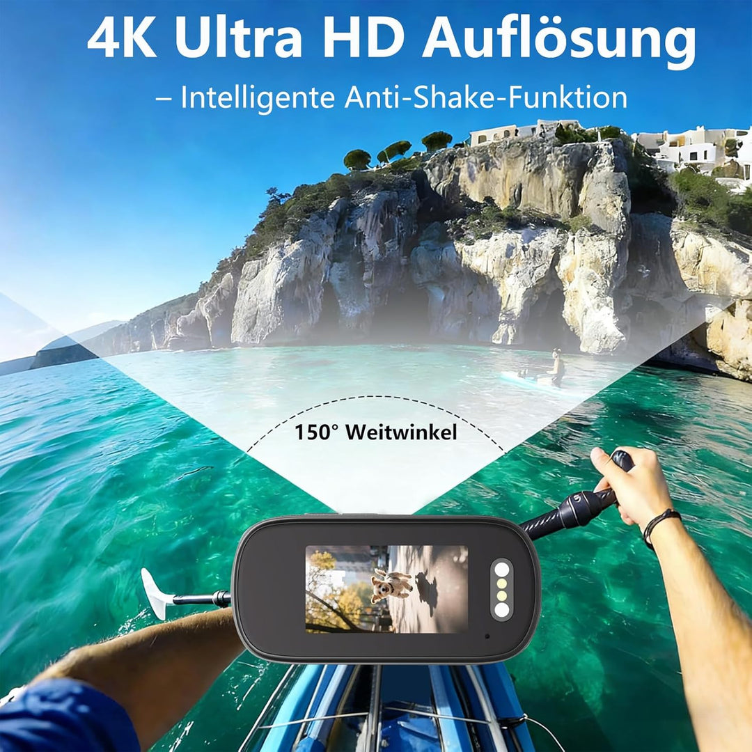 Mini Action Cam 4K WiFi mit Bildschirm und wasserfestes Gehäuse, 64GB UHD 150° Weitwinkel IP65 Bodyc