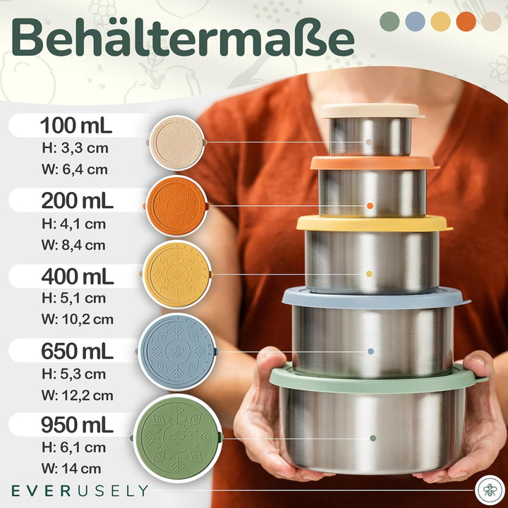 Everusely – Brotdose aus rostfreiem Stahl, auslaufsicher, mit Deckel – 5er-Set, Muted Collection – L