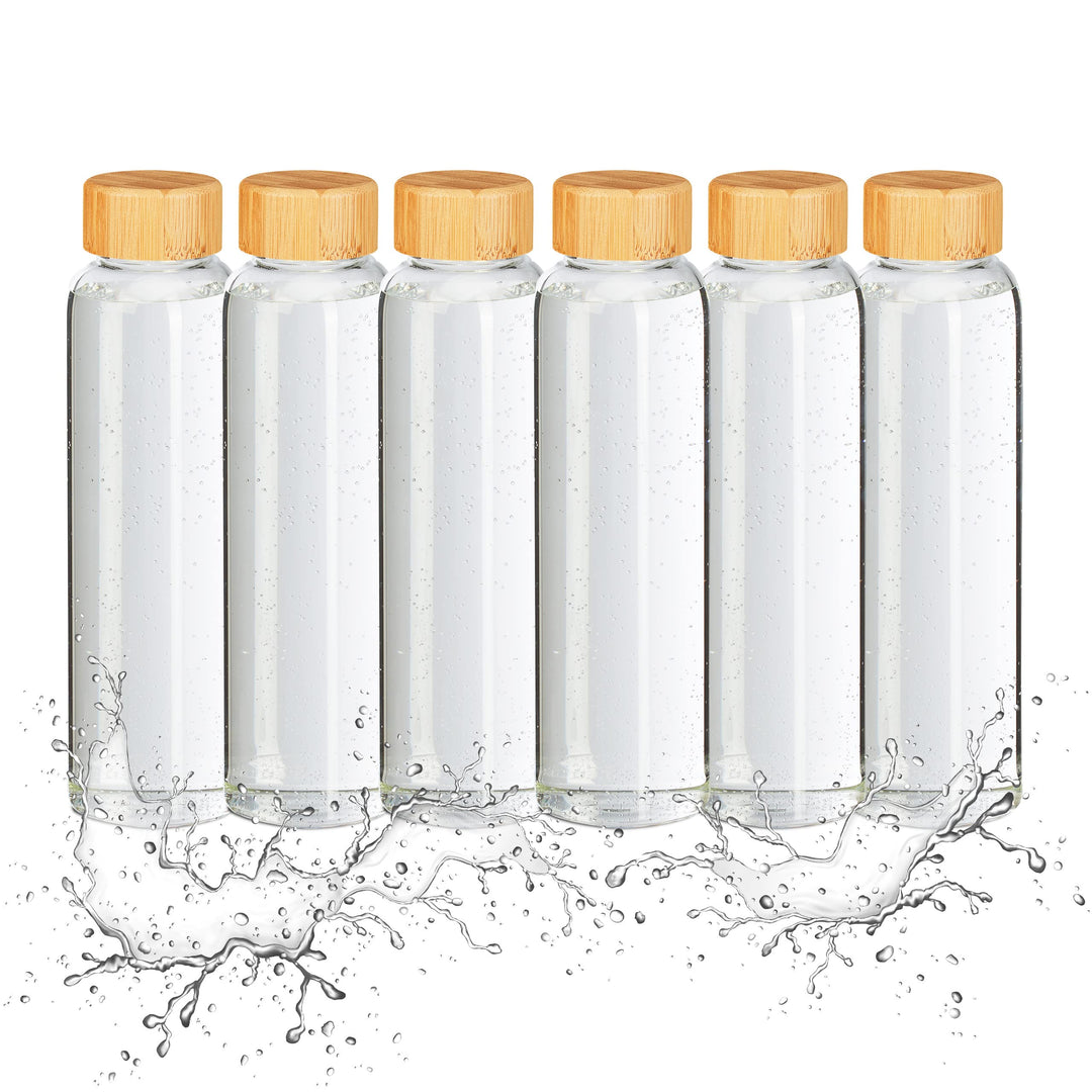 Relaxdays Trinkflasche mit Bambusdeckel, 6er Set, 500 ml, Wasserflasche mit Hülle, Borosilikatglas,