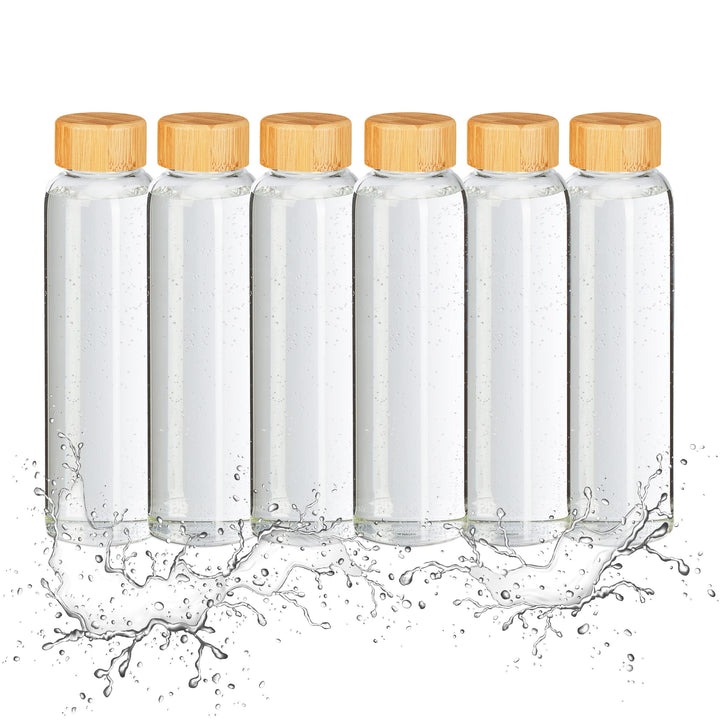 Relaxdays Trinkflasche mit Bambusdeckel, 6er Set, 500 ml, Wasserflasche mit Hülle, Borosilikatglas,