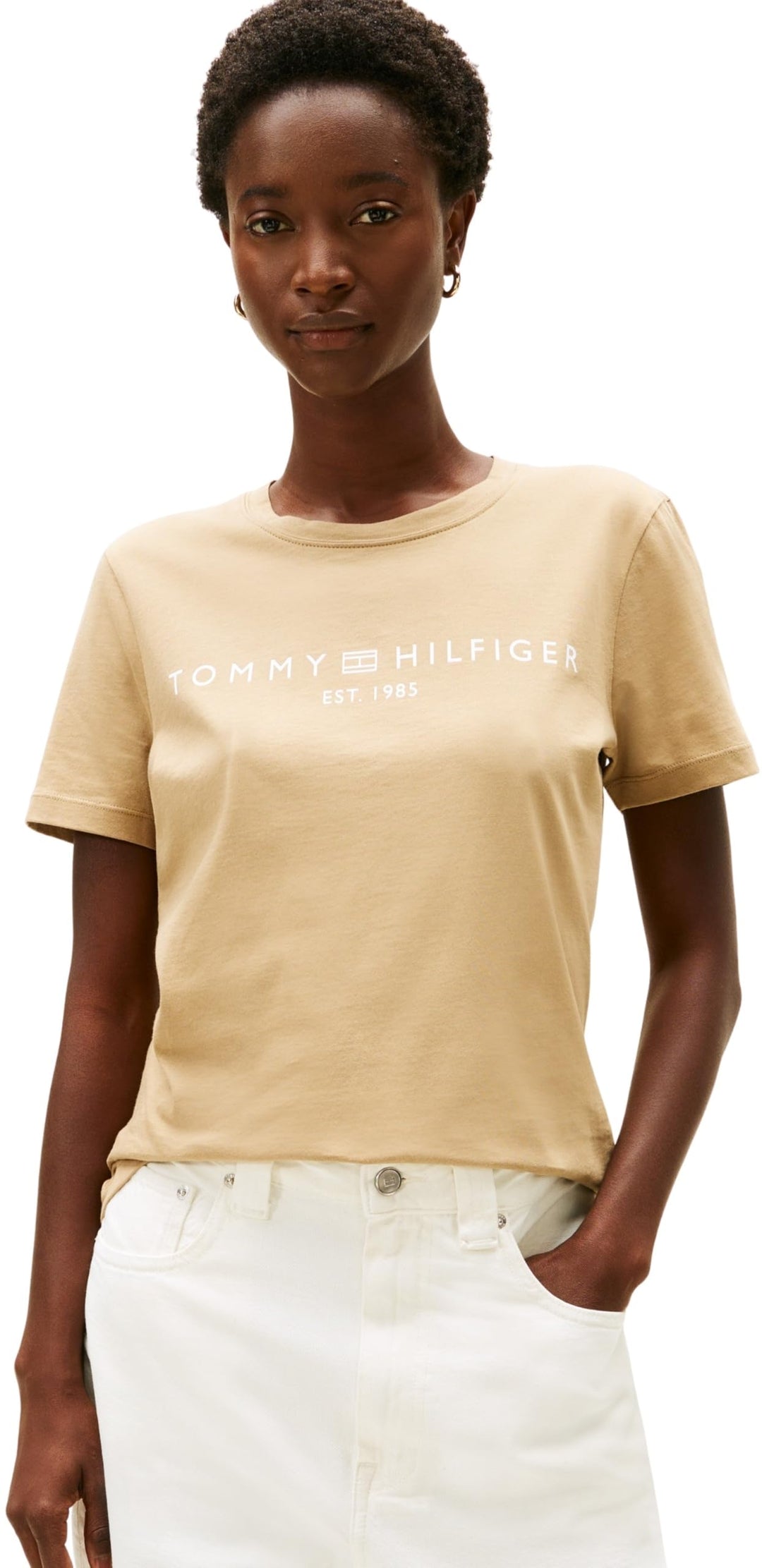 Tommy Hilfiger Damen Reg Corp Logo C-nk Ss Ww0ww40276 Kurzarm Strickoberteile (1er Pack) M Beige (Dr