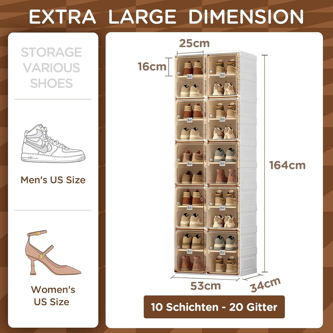Transparente schuhregal,schuhboxen stapelbar Braun, mit magnetischer Tür, für Stöckelschuhe, Stiefel