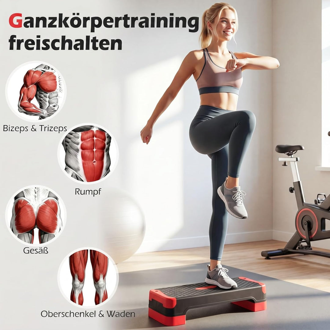 COSTWAY Aerobic Stepper 4 fach höhenverstellbar, 300 kg belastbar | Steppbrett mit Widerstandsbänder