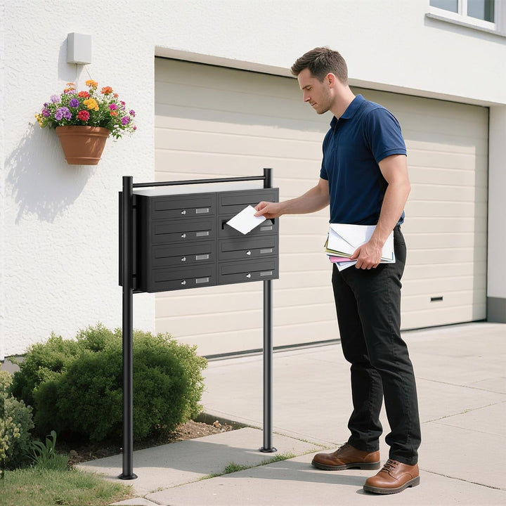 Wiltec 8er Briefkastenanlage schwarz 945 x 270 x 1500 mm, Standbriefkasten mit 2x4 Fächern, Schlüsse