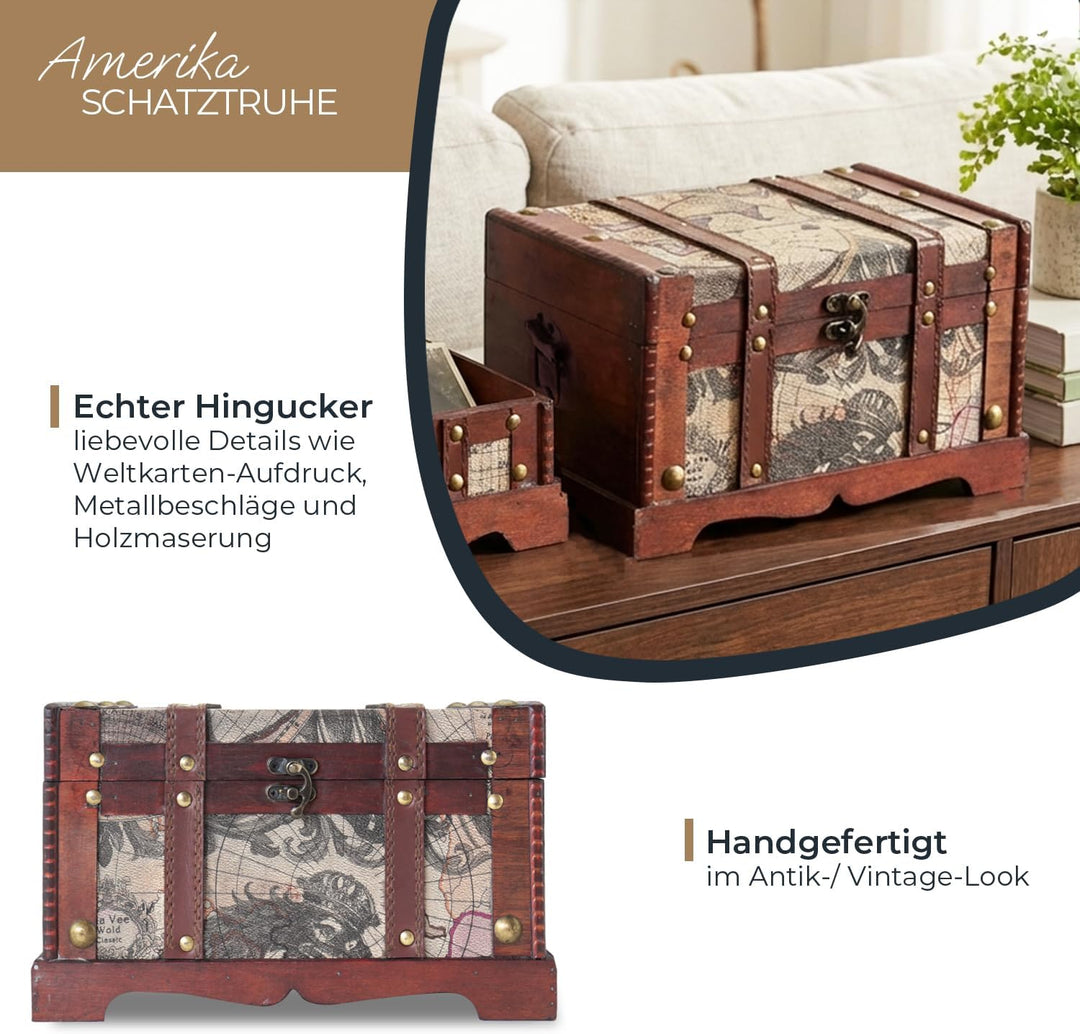 HMF Schatztruhe aus Holz, kleine Schatzkiste für Kindergeburtstag | 29 x 20 x 17 cm | Amerika 29 cm,