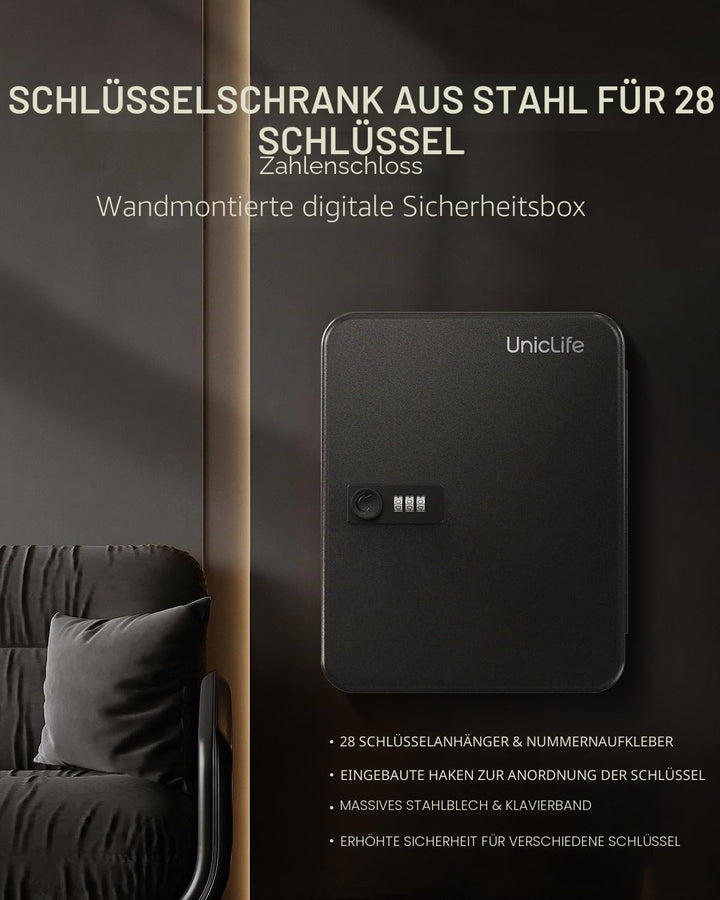 Uniclife Schlüsselschrank aus Stahl mit 28 Schlüsseln und Kombinationsschloss, an der Wand befestigt
