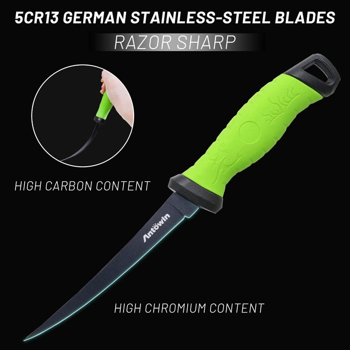 ANTOWIN 15,2 cm Fishing Edelstahl Filetiermesser Set mit Messer-Schärfer, Ergonomischer ABS Griff, B