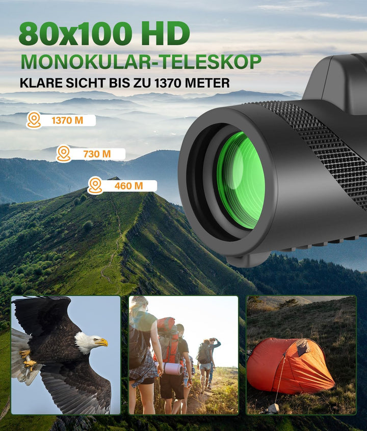 Monokular 80x100 Zoom, Monokulare Teleskop Fernrohr mit Smartphone-Halterung und Stretchable Stativ,