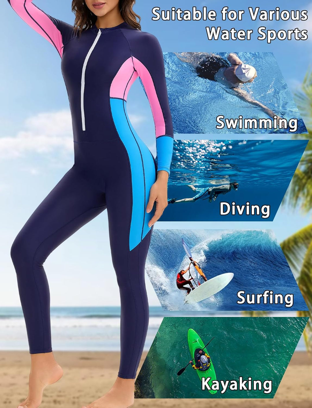 Rash Guard Damen Sonnen-Schutz Lange Beine und Arme Ganzkörper Badeanzug Reissverschluss Schwimmanzu