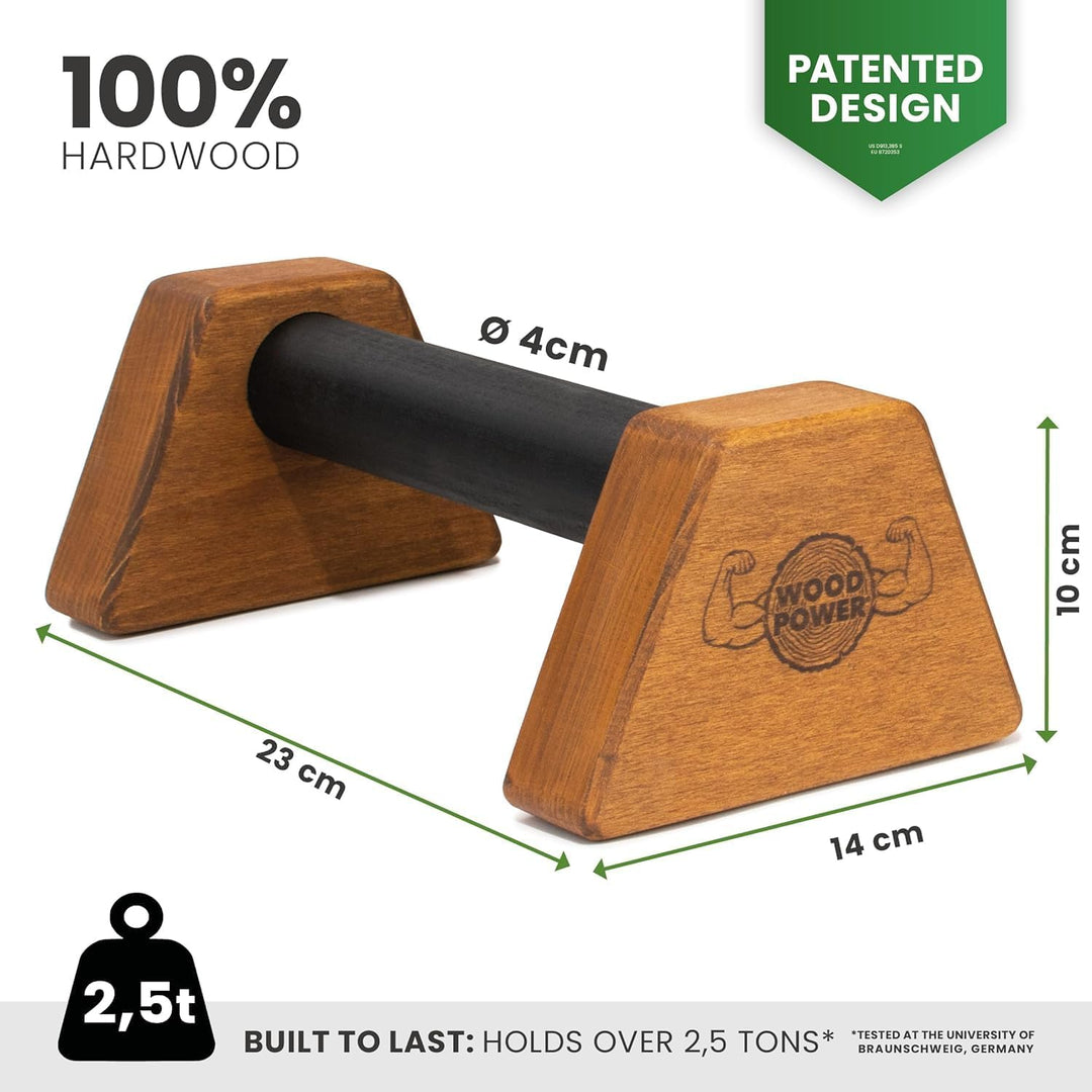 WOODPOWER® PowerBars Holz-Parallettes, gelenkschonende Liegestützgriffe, rutschfeste Handstand-Barre
