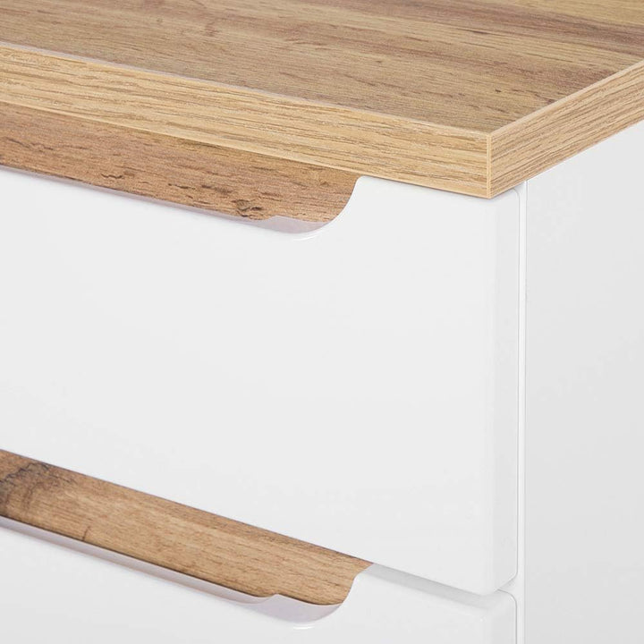 Lomadox Badmöbel Unterschrank Hochglanz weiss mit Wotaneiche, 1 Türe, 1 Softclose-Schubkasten, B/H/T