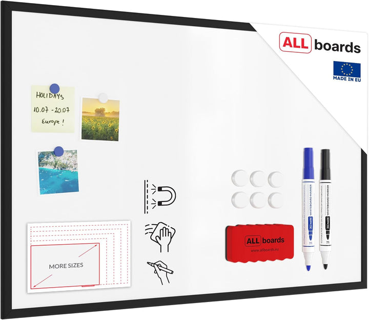 ALLboards Whiteboard mit schwarzem Rahmen 90x60cm Magnettafel Weiss Magnetisch, Trocken Abwischbar
