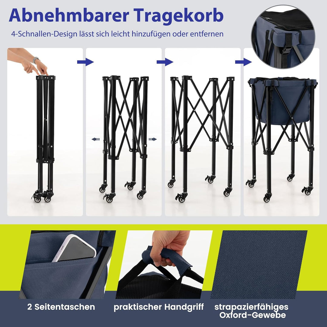 COSTWAY Tennisballwagen klappbar, Leichter Tennisballkorb mit Rädern, Seitentasche & Tragetasche, tr