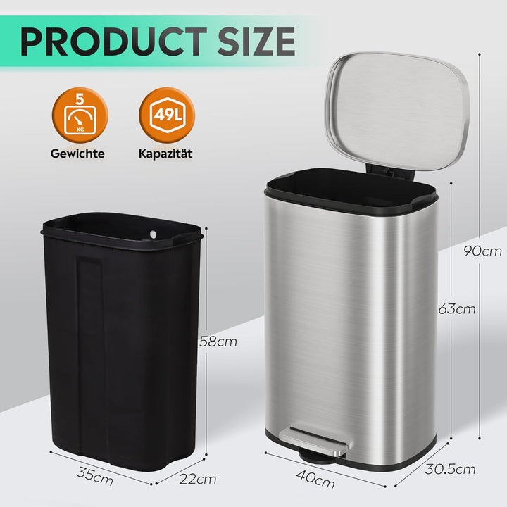 WLIVE 50L Mülleimer aus Edelstahl, grosser Treteimer mit Inneneimer und Soft-Close-Deckel, Abfalleim