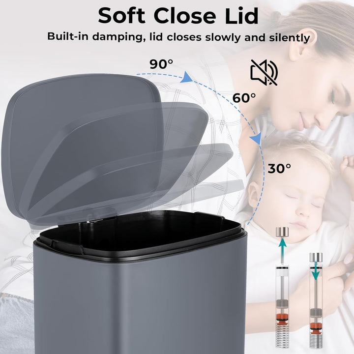 LIFERUN Mülleimer 50l aus Edelstahl, Abfalleimer mit Deckel, Soft-Close Tretmülleimer, Grosser Trete
