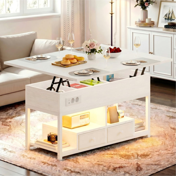 IRONCK Couchtisch höhenverstellbarer Wohnzimmertisch mit LED Beleuchtung und Steckdosen, 2 AC,1 USB