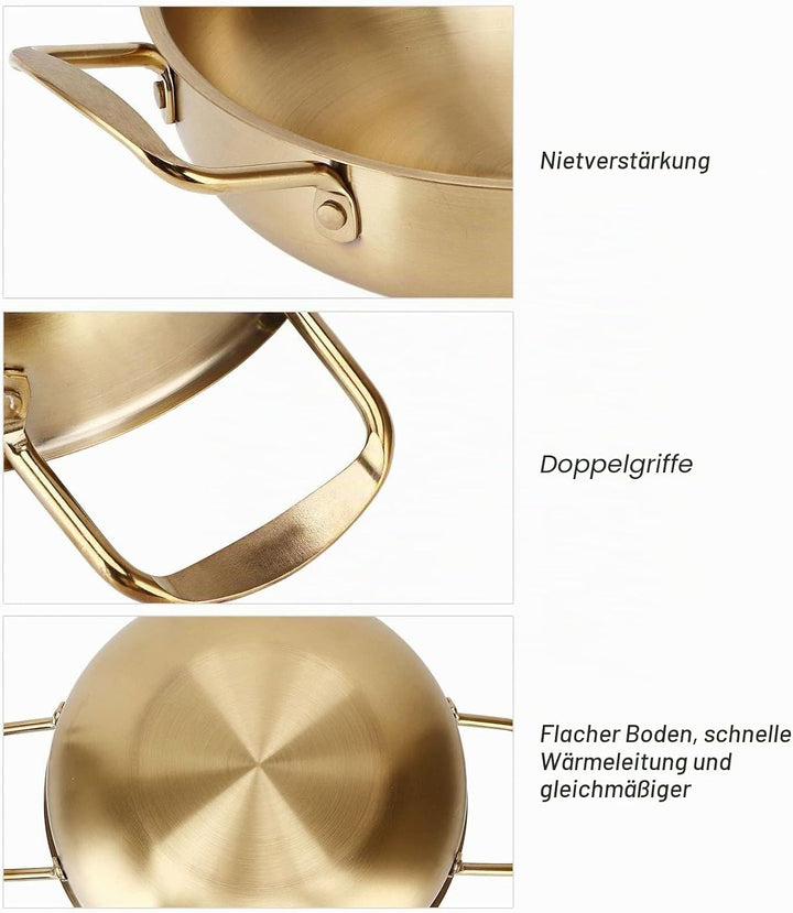 Koreanischer Nudeltopf, koreanischen Ramen Topf, 20cm Gold Edelstahl Hot Pot, Doppel Griff Edelstahl