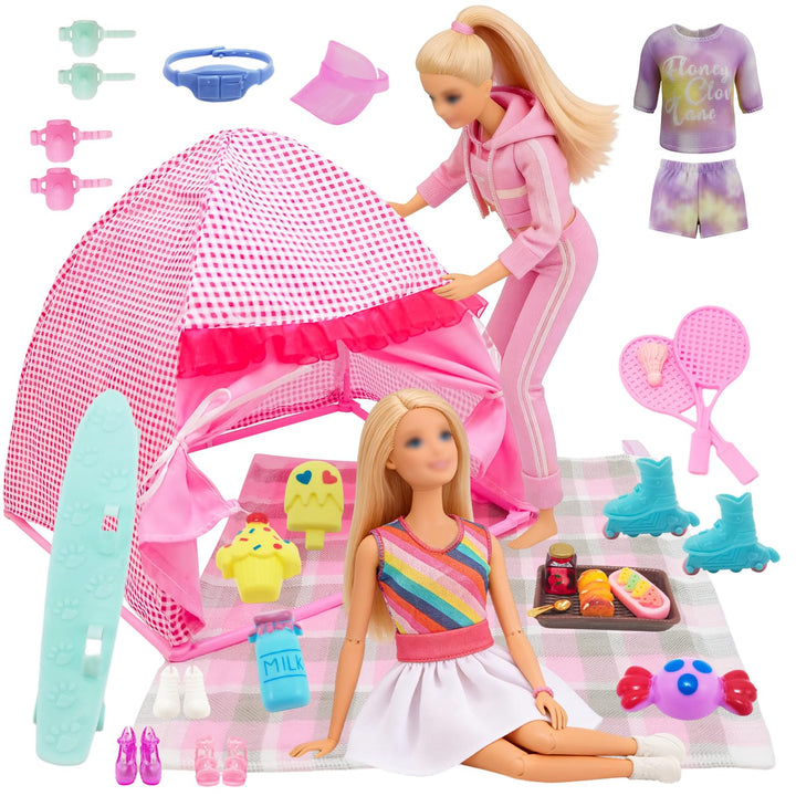 25 Kleidung Camping Sets Kompatibel mit Barbie, 1 Zelt 2 Oberteil Hosen1 Rock 1 Picknickdecke 3 Schu