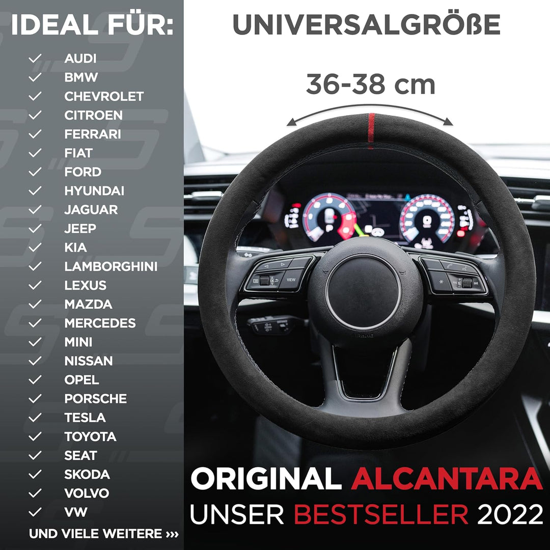S-TETIC® Premium Lenkradbezug Alcantara® | Echtes Alcantara | ROTE 12-Uhr Markierung | Universal Grö