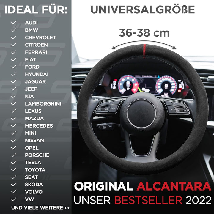 S-TETIC® Premium Lenkradbezug Alcantara® | Echtes Alcantara | ROTE 12-Uhr Markierung | Universal Grö