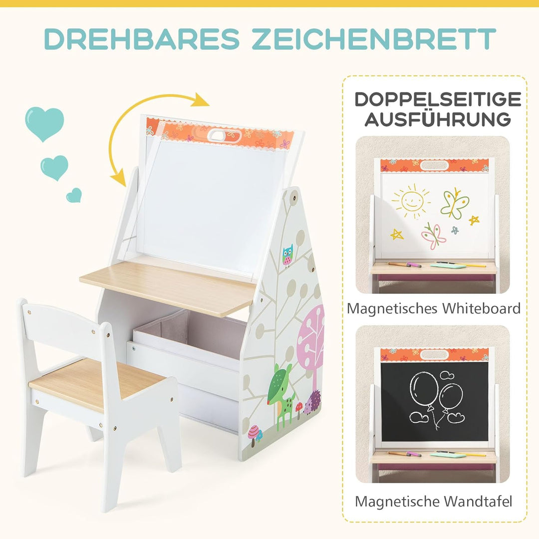 GOPLUS Kinderstaffelei Spieltisch mit Stuhl, Kindertisch und Stuhl-Set mit drehbarer doppelseitiger