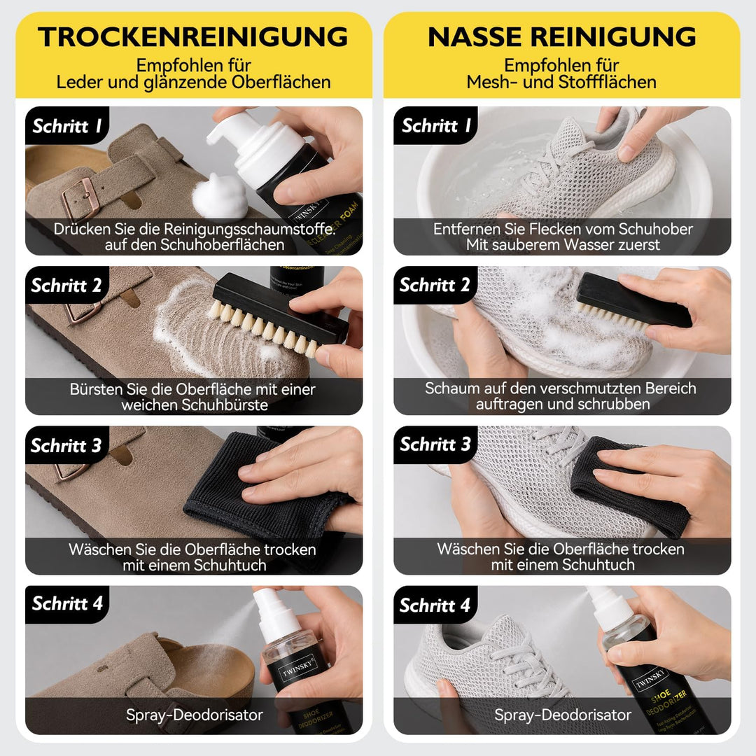 6-in-1-Schuhpflege-Set, mit pflanzlichem Schaum, Desodorierungsspray, 3 Bürsten und Mikrofasertuch,