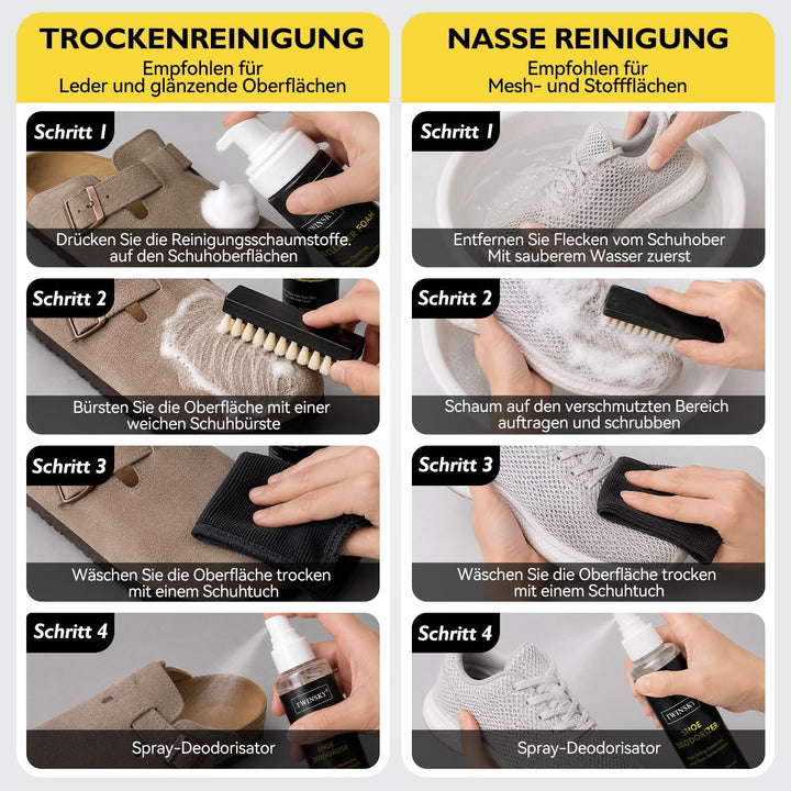 6-in-1-Schuhpflege-Set, mit pflanzlichem Schaum, Desodorierungsspray, 3 Bürsten und Mikrofasertuch,