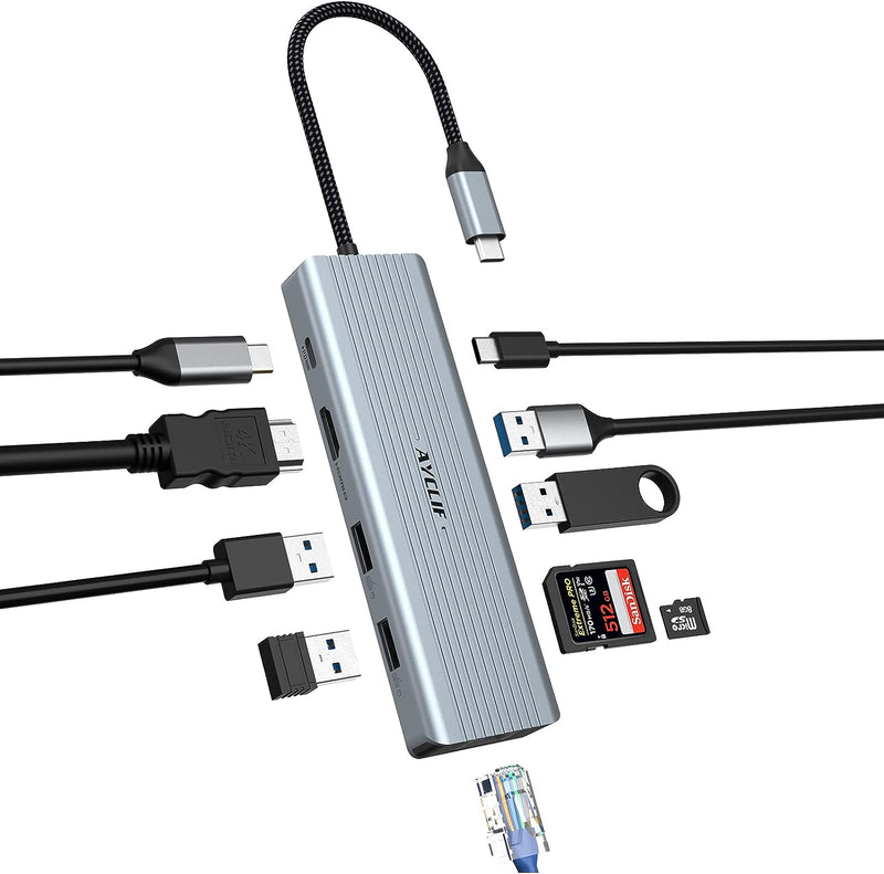 10 in 1 Dual Monitor AYCLIF USB C Hub, USB C -Dockingstation, Laptop USB C -Adapter (Gigabit Etherne