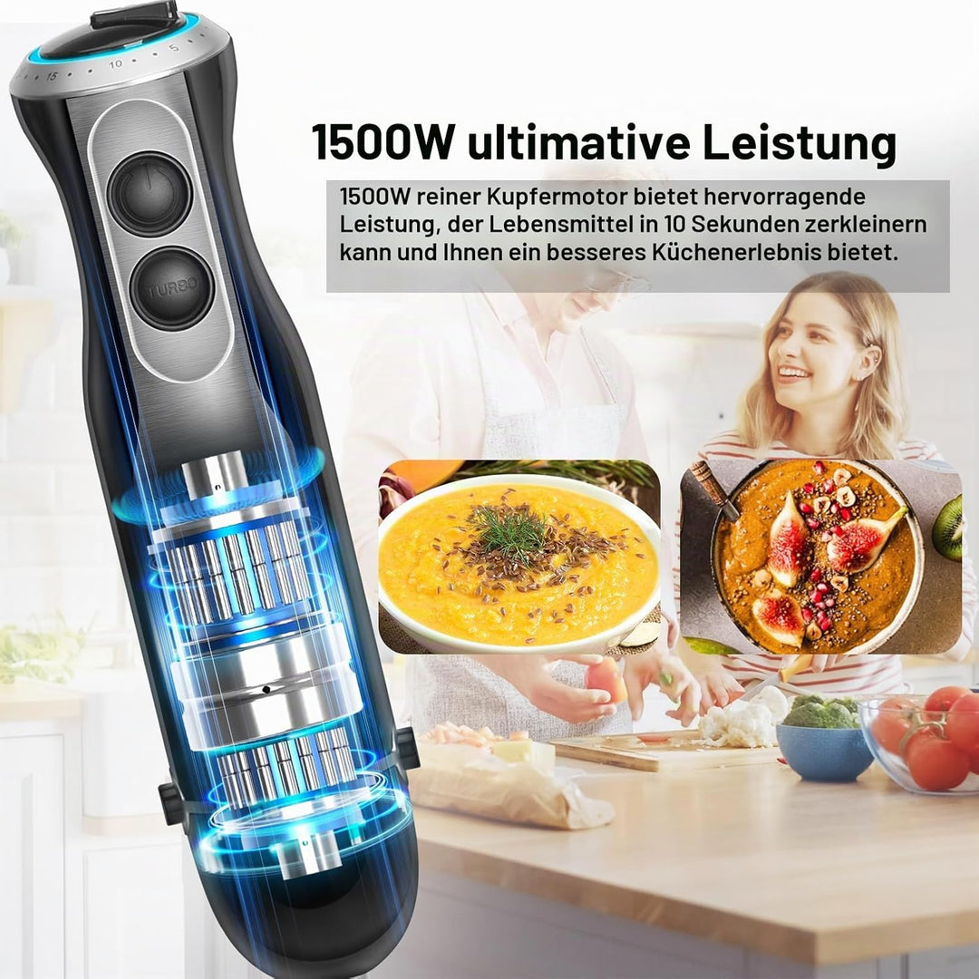 1000W Stabmixer, Pürierstab mit 20 einstellbaren Geschwindigkeiten und Turbo-Modi, Stabmixer Set mit