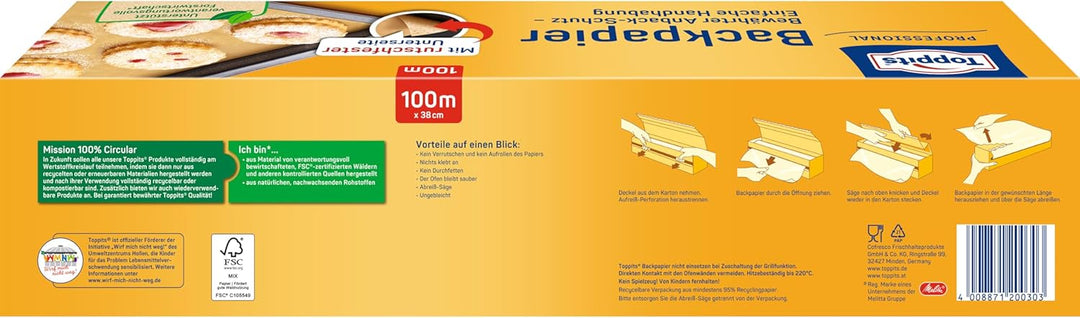 Toppits Backpapier - 1 x 100 m Rolle, Antihaft, mit Abreiss-Säge, Rutschfest, FSC zertifiziert, Idea