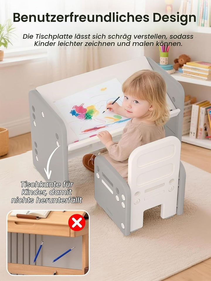 Kindertisch mit Stühle, Höhenverstellbarer Kinder Tisch Stuhl Set, Konvertierbarer Desktop，Multifunk