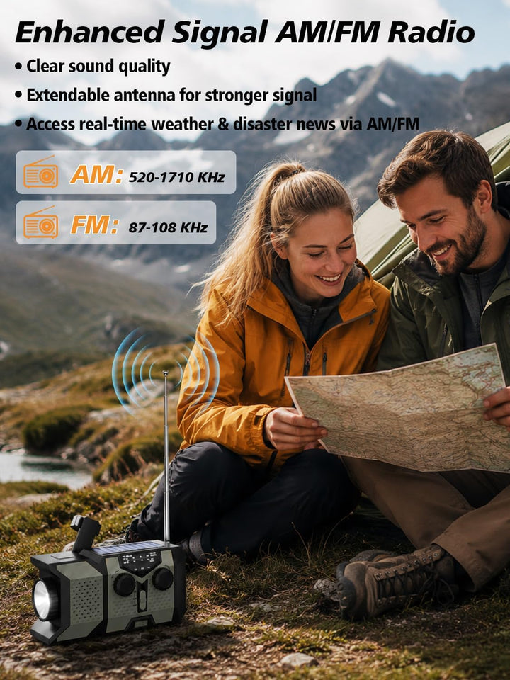 Notfall-Solarradio, Tragbares Kurbelradio mit 3-Wege-Laden, AM/FM/SW Weltempfänger, LED Taschenlampe