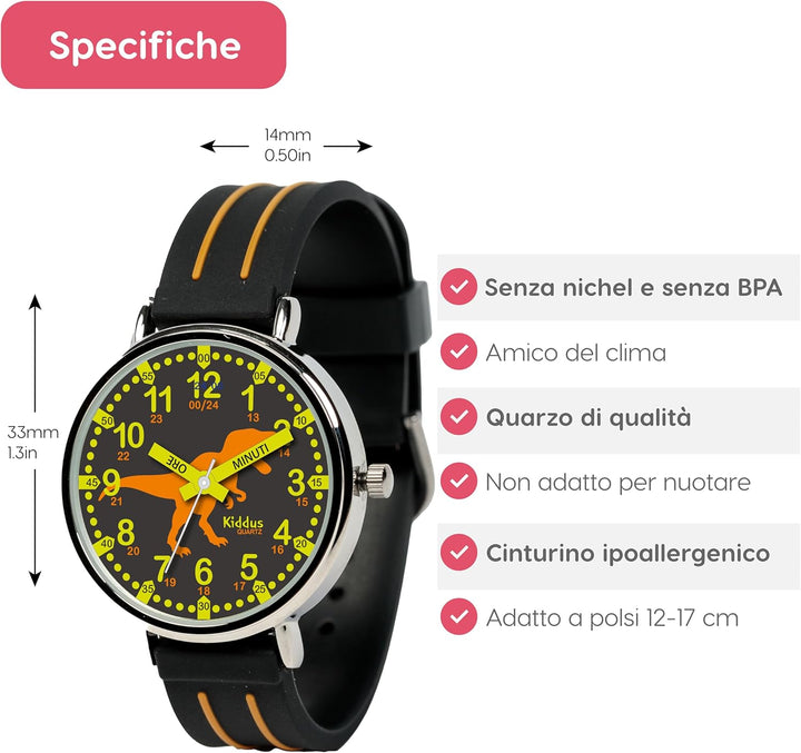 Kiddus Lern Armbanduhr für Kinder, Jungen und Mädchen. Analoge Armbanduhr mit Zeitlernübungen, japan