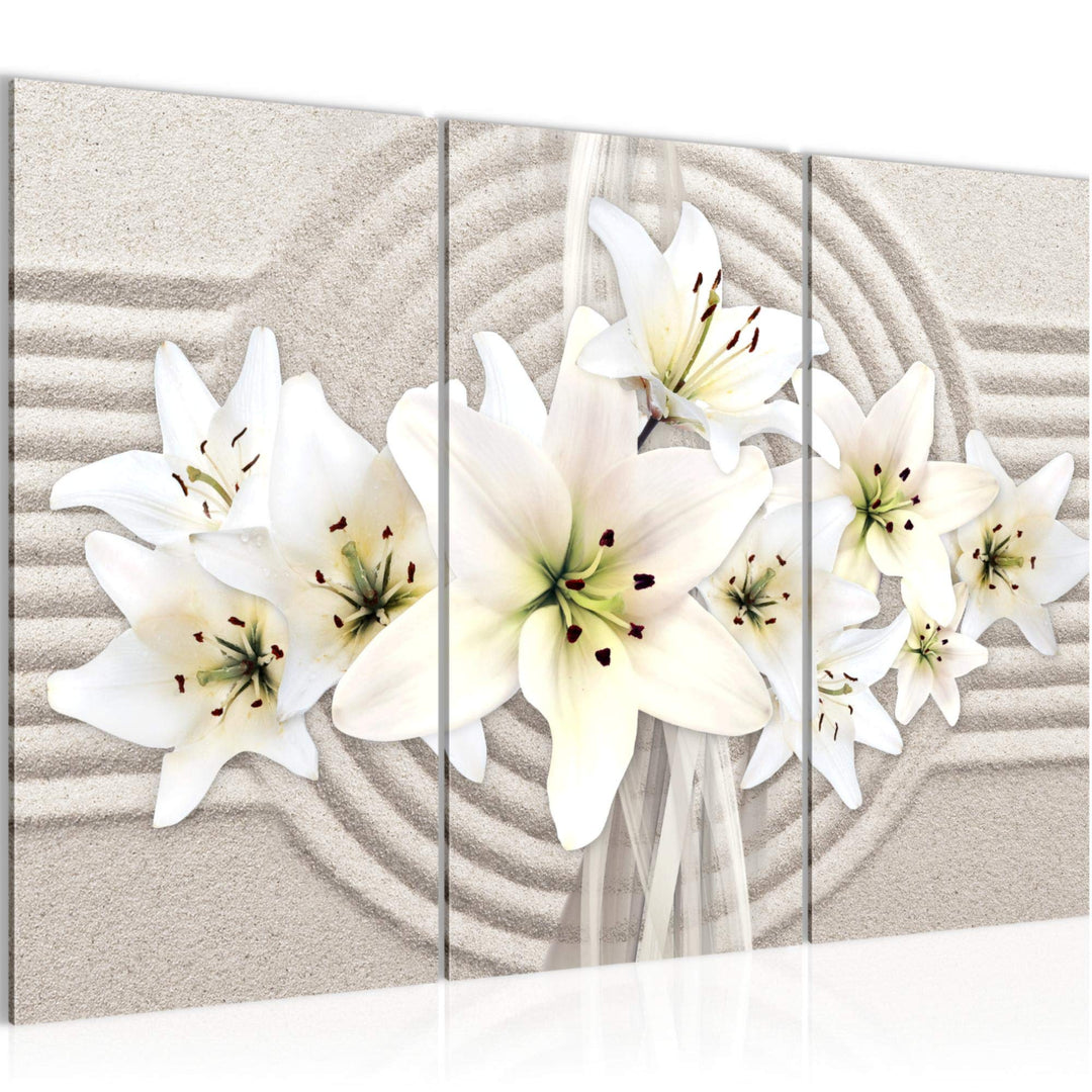 Runa Art Wandbilder Blumen Lilien Bild XXL Wohnzimmer Schlafzimmer Weiss Beige Sand 120 x 80 cm 3 Te
