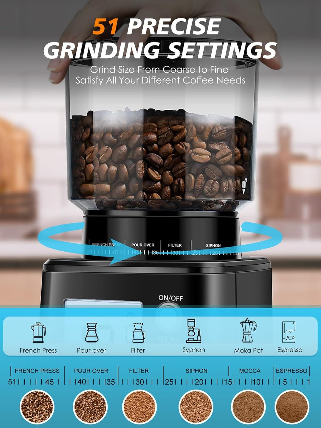 Homtone Elektrische Kaffeemühle für Siebträger, 51 einstellbare Mahlgrade, Kaffeemühle mit Grossem D