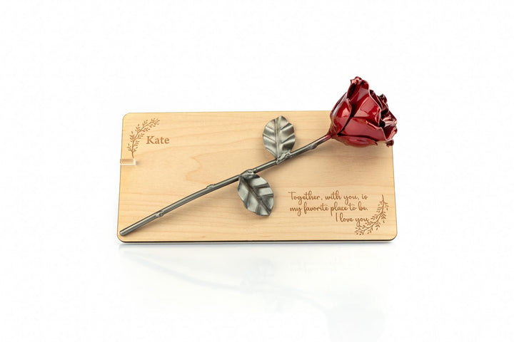 Forging Art Bcn Rose aus Schmiedeeisen auf Holzrahmen mit personalisierter Gravur (Walnuss), Walnuss