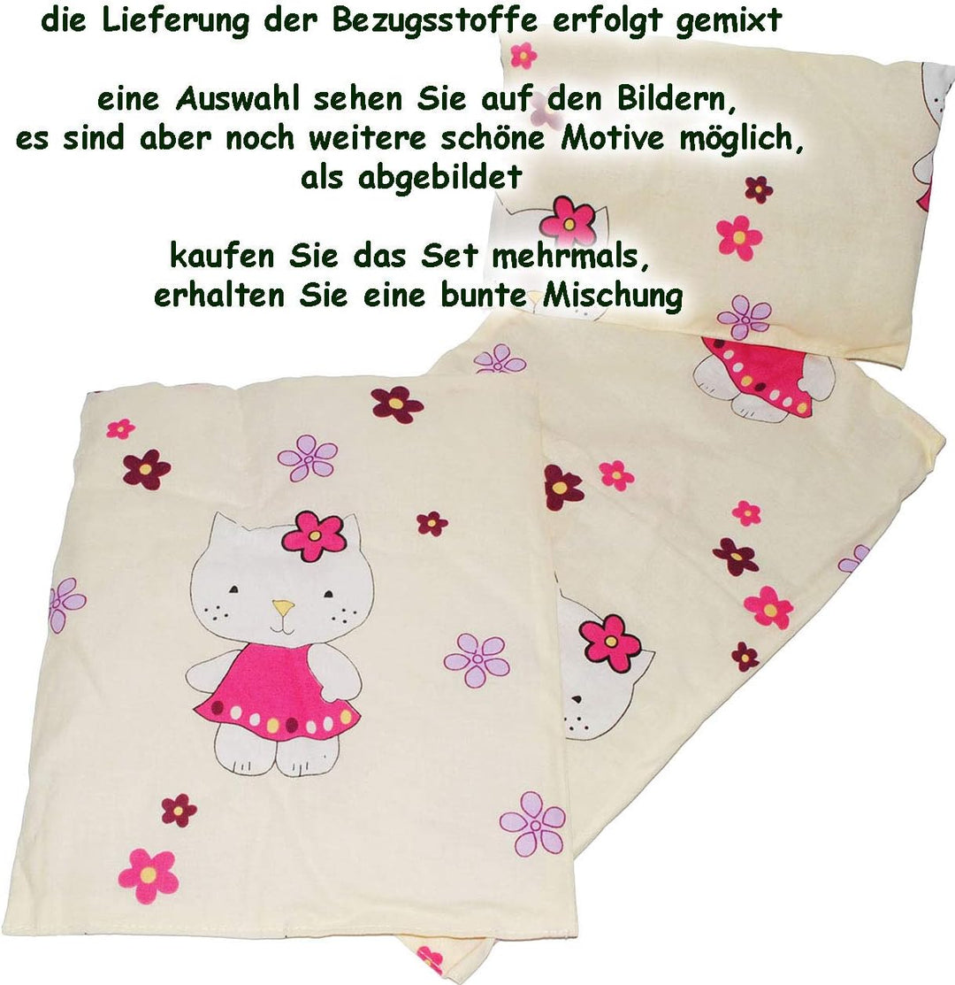 4 TLG. Set: Puppendecke & Kissen - mit Unterlage & Schmusepuppe - Mädchen mit rosa Kleid - aus 100%