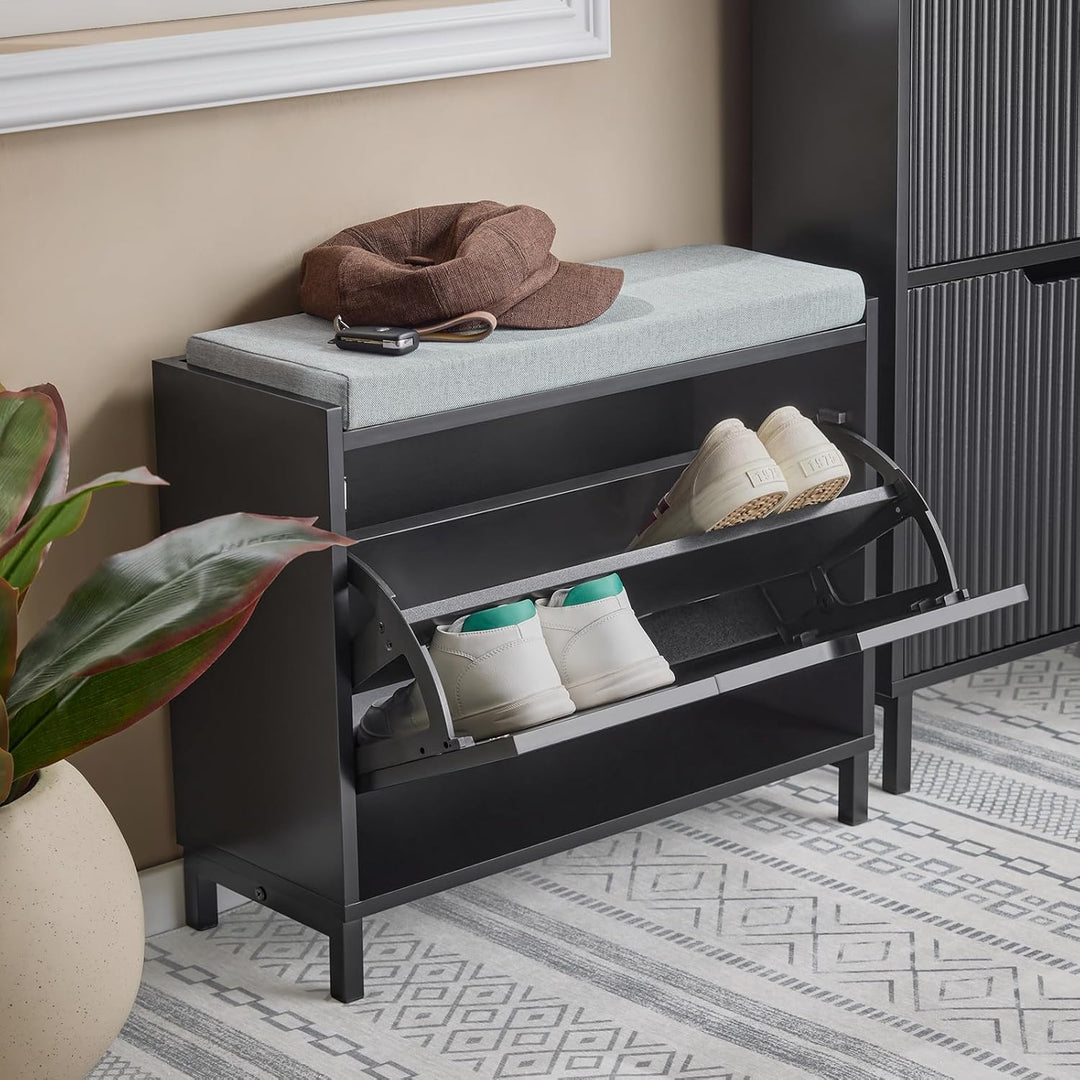 SoBuy Schuhschrank Schuhbank mit Sitzfläche, Schuhregal mit Stauraum, Klappe, Sitzkissen, bis 113 kg