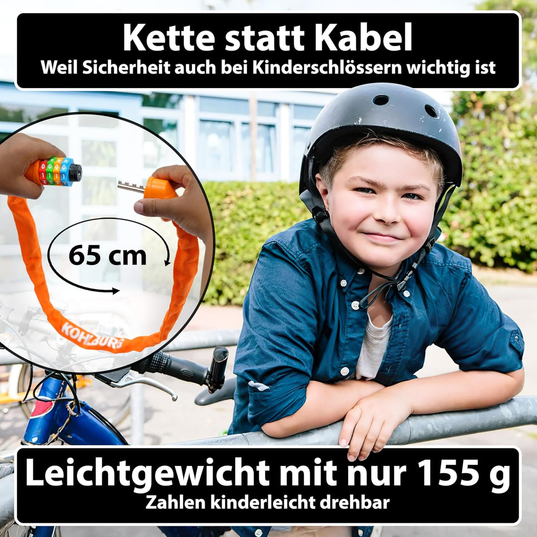 KOHLBURG Kinder Fahrradschloss Zahlenschloss 4 stellig [ohne Weichmacher, Stahlkette] - Kinderschlos