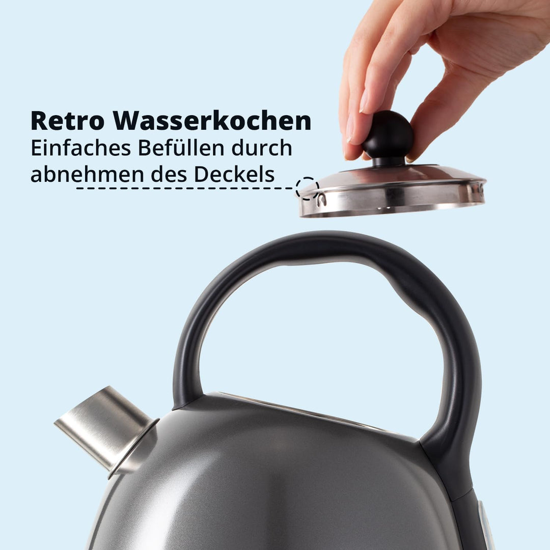 KHG WK-1711 (DG) Wasserkocher Retro 1,7 Liter | Kessel-Wasserkocher in Grau | 360° Sockel | Kalkfilt