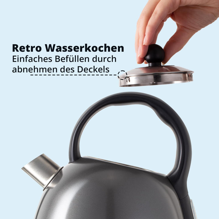 KHG WK-1711 (DG) Wasserkocher Retro 1,7 Liter | Kessel-Wasserkocher in Grau | 360° Sockel | Kalkfilt