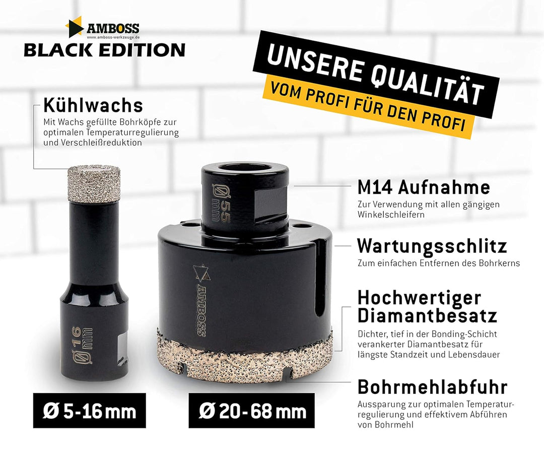 Amboss - Diamant Fliesenbohrer-/Bohrkronen - Set 6 tlg. (Ø 20-68 mm) Premium Black Edition | M14 für