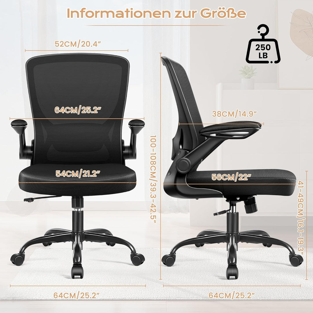 KERDOM Bürostuhl, Ergonomischer Schreibtischstuhl mit Klappbaren Armlehnen, 360° Drehstuhl Mesh Comp
