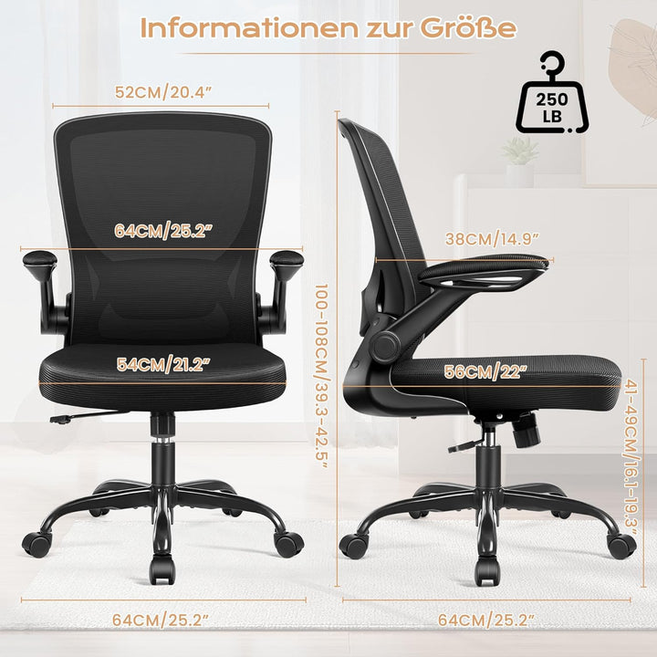 KERDOM Bürostuhl, Ergonomischer Schreibtischstuhl mit Klappbaren Armlehnen, 360° Drehstuhl Mesh Comp