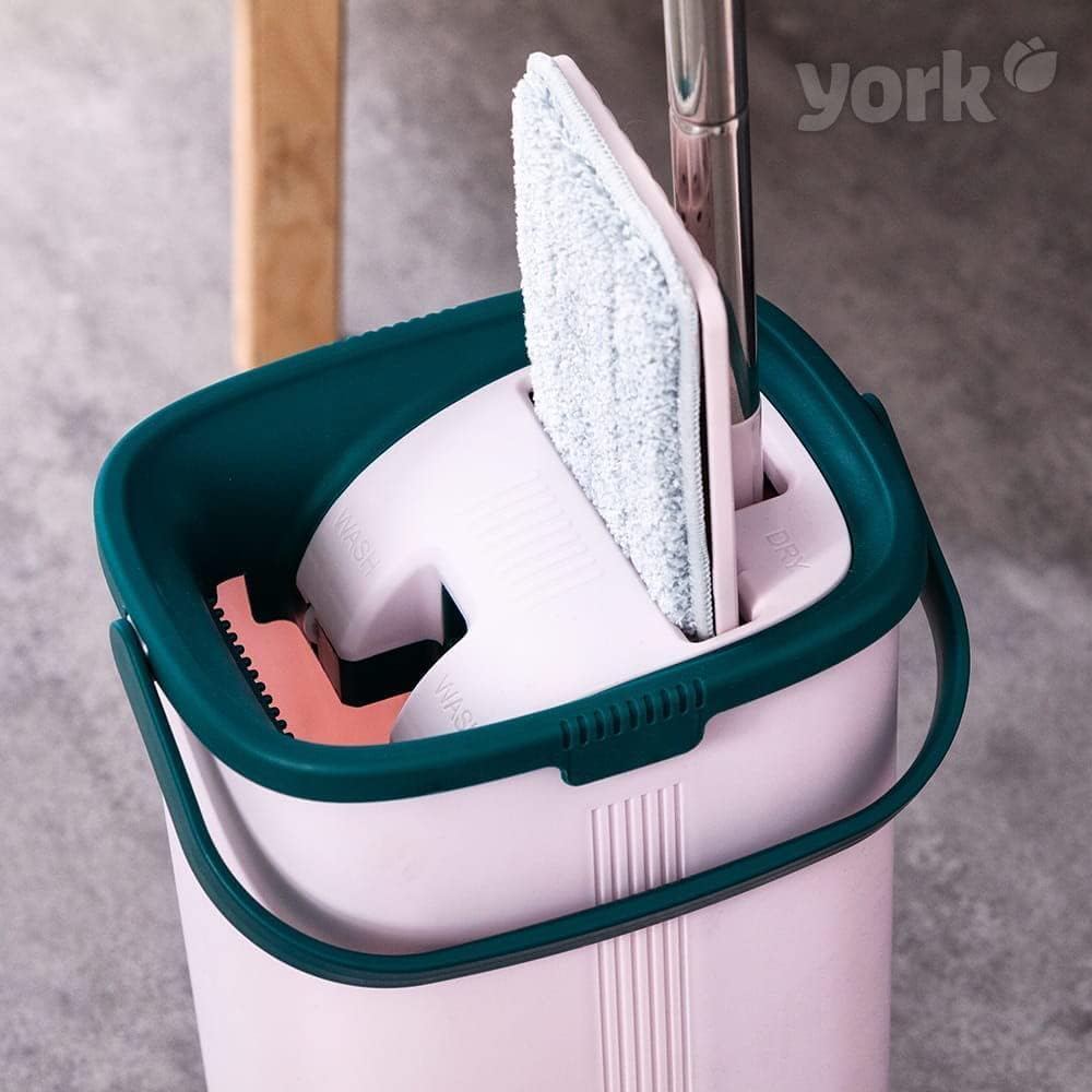 York Wischmopp Set mit Eimer &amp; Auswringfunktion, Mikrofaser | Freihändiger Flachwischer für Nass- un