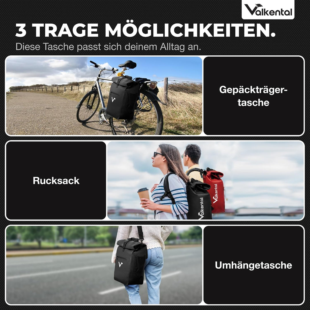 Valkental® 3in1 Fahrradtasche [Bis 25L] - Das Original - Geeignet als Gepäckträgertasche, Rucksack u